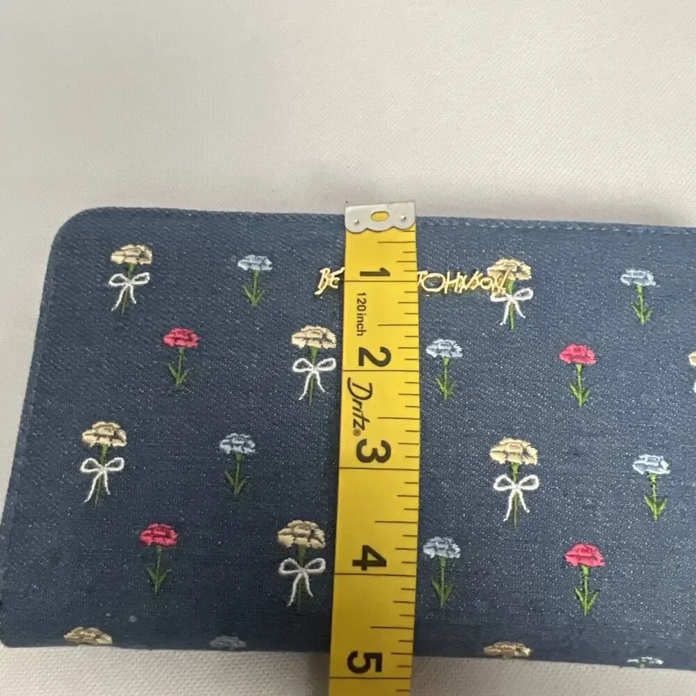 NWT Betsey Johnson Zip Around Wallet Wristlet Blue Denim W Embroidered Flowers